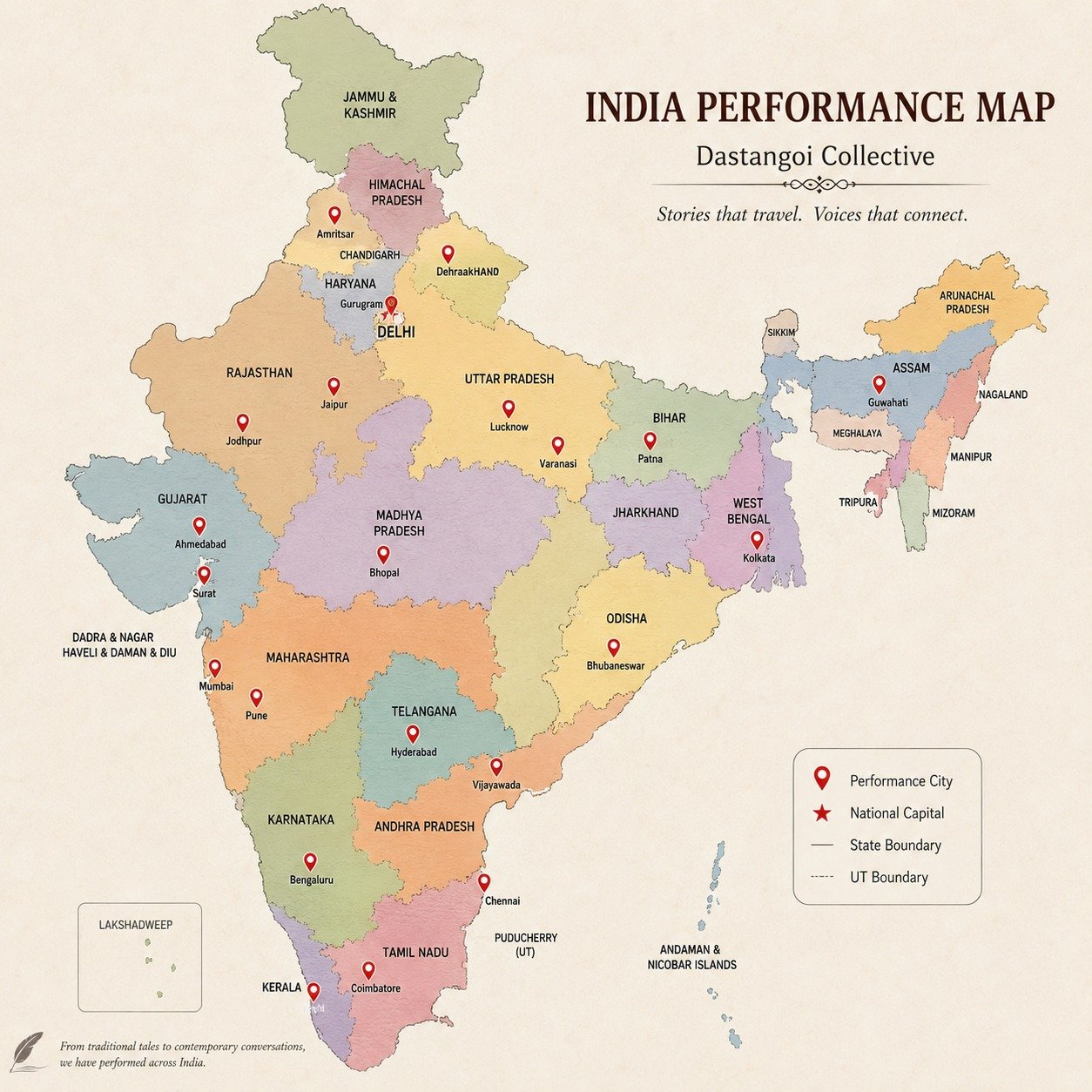 Map of India marking the cities where the Dastangoi Collective has performed, among them Delhi, Mumbai, Kolkata, Chennai, Bengaluru, Hyderabad, Lucknow, Jaipur, Ahmedabad, Patna, Bhopal, Guwahati, Amritsar and Varanasi.